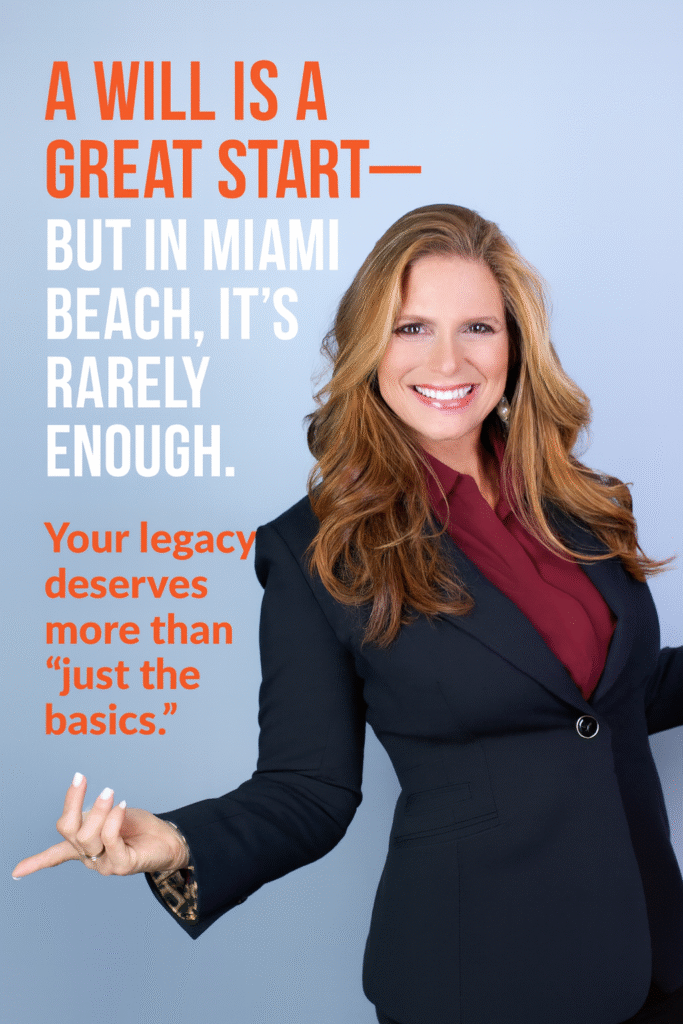 Smiling woman in professional attire with inspirational text about legacy and success in Miami Beach.