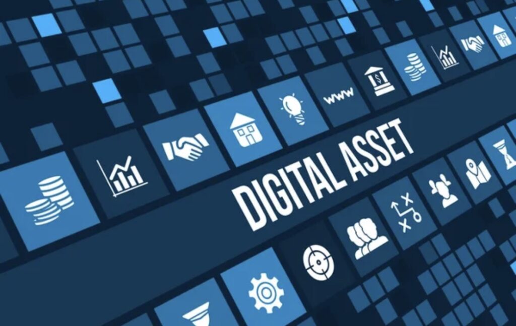 Digital asset icons on blue grid background.