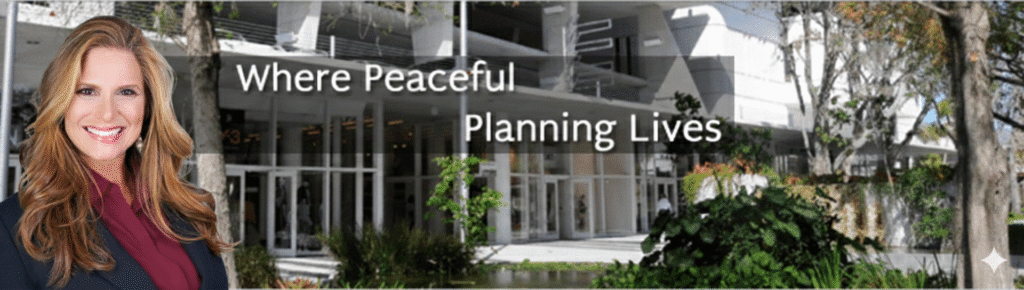 Modern building with greenery and text about peaceful planning life.