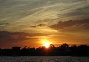 A sunset over the water with trees in the background.
