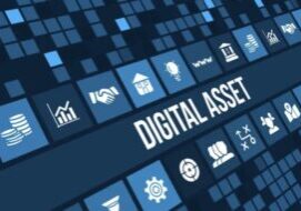 Digital asset icons on blue grid background.