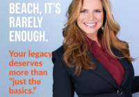 Smiling woman in professional attire with inspirational text about legacy and success in Miami Beach.